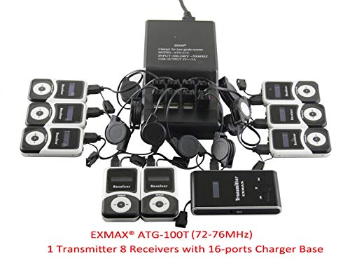 Sistema Inalámbrico para Guías Turísticos EXMAX® EX-100: Dispositivo Traductor para Audiencias en Tribunales, Iglesias, Visitas Guiadas y Traducción Simultánea (1 Transmisor, 8 Receptores y Estación de Carga de 16 Puertos) miniatura 2