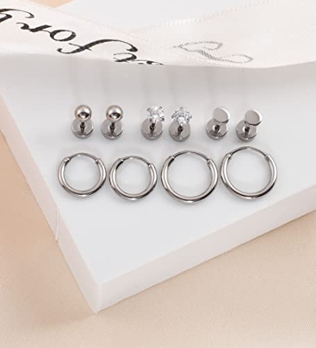 Staligue 5 Pairs Titanium Earrings - Dot Ball Cubic Zirconia 20 Gauge Pure Titanium Stud Hoop Earrings Set - Flat Back for Women2