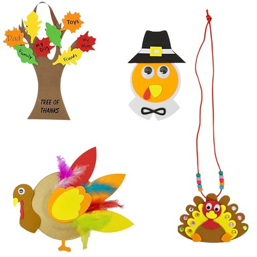 4E's Novelty Thanksgiving Craft for Kids (Makes 4) Includes - Foam Thankful Tree, Turkey Plate, Pilgrim Magnet, Turkey Necklace - Dinner Activity for Toddlers, Kids, Adults