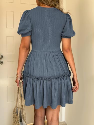 Image of Mieazom Women's Puff Sleeve Ruffle Dress, Brown Cotton Blend Mini Dress with Pockets, Elastic Waist & Flowy Fit