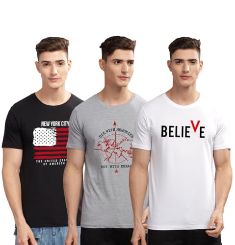 Image of ADRO 100% Cotton Lycra Tshirts for Men Combo Pack of 3 | Regular Fit | Printed T Shirt | Round Neck Half Sleeve| Mens Tshirts