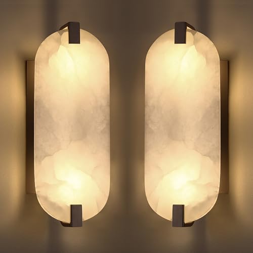 Image of 2 Pack 2 Light 12.7 inch Round Natural Oval Alabaster Bathroom Wall Sconce Modern Concise Style Wall Light Fixture,Oil Rubbed Bronze Finish for Bedroom Hallway Bedside Living Room