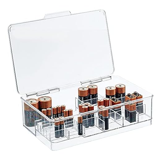 mDesign Plastic Large Stackable Divided Battery Storage Organizer Box with Hinged Lid for AA, AAA, C, D, 9 Volt Sizes, Great Storage for Kitchens, Home Offices, and Utility Rooms - Clear