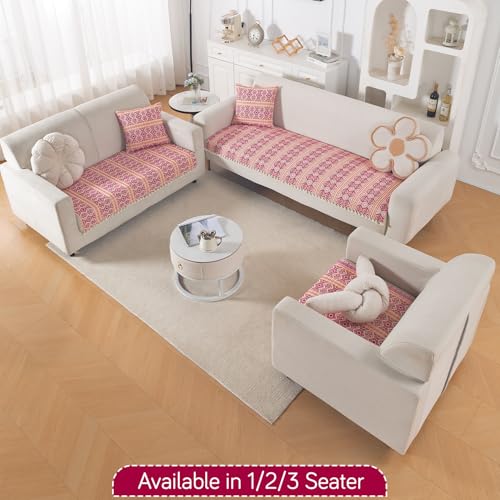 Image of HOKIPO Sofa Cover Mat with Tassel for 3 Seater Sofa | 300 GSM Thick Cotton Acrylic Jacquard Fabric,'Trivana Series' Cherry Red (IN-936-J8*S)