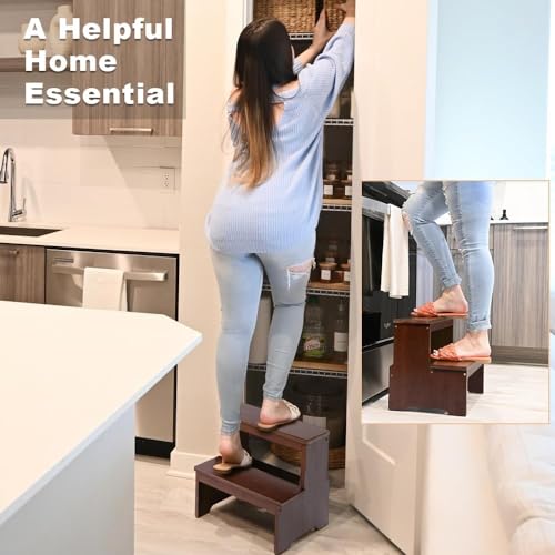 Image of Solid Sheesham Wooden Two Step Stool for Adults and Kids, Bed Stepstool with Anti-Slip Bottom, Heavy Duty for Kitchen, Bathroom, Bedside Step Stool, Wooden Step Stairs 350 lbs Capacity