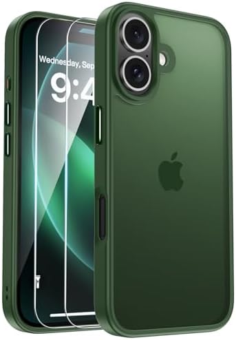 Funda para iPhone 16 con 2 Piezas Protector de Pantalla Cristal Templado, Carcasa iPhone 16 Protección contra Caídas Grado Militar Antigolpes, Fina Carcasa Translúcida Mate Trasera, Verde