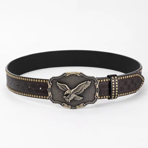 VERENIX Flying Eagle Western Cowboy Rivet Retro Brown Leather Waist Belt for Men Causal Golf Pants Polo Shirts Matching Steampunk Rock Buckle Belts Pattern Floral Engraved Buckle Belt3