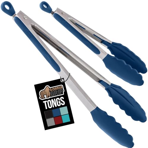Image of GORILLA GRIP Stainless Steel BPA-Free Kitchen Tongs for Cooking, Heat Resistant BBQ Tong Set of 2, Non Scratch Silicone Tip for Pan, Strong Grip, Grab Food, Toss Salad, Pull Lock, 7+9 Inch, Blue