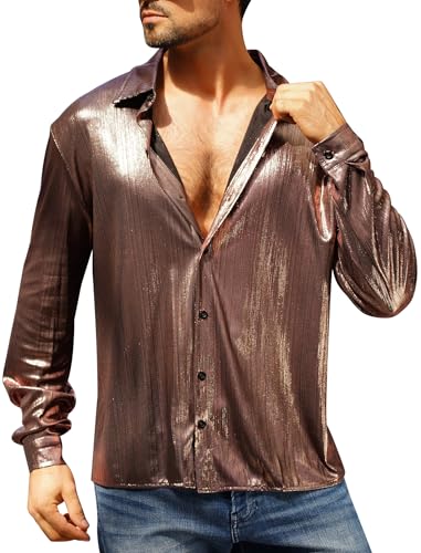 Sparkle Top Men Metallic Shirts Long Sleeve Button Down Disco Party Shiny Shirt Wet Look Holographic Tops Mens New Years Eve Shirts Nye Outfit for Nightclub Dance Rave Music Holiday Bronze Coffee S