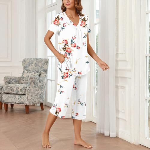 Image of Bestbee Women's Pajama Sets 2 Piece Lounge Outfits Summer Sleepwear V Neck Short Sleeve Capri Pant With Pockets Ladies Pjs