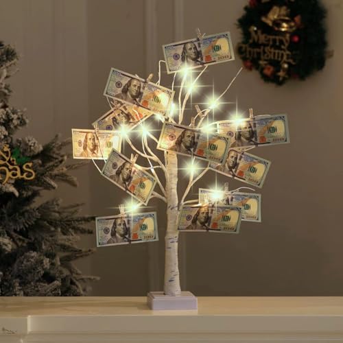 Money Tree Gift Card Holder 24 LED Birch Tree Lamp Battery/USB Powered Light Up White Trees Gift Card Holder with 22 Clear Clips for Photo Birthday Graduation 4th of July Back to School Party Decor