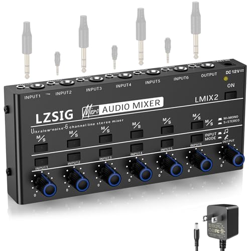 LZSIG Mini Audio Mixer,Stereo Line Mixer for Sub-Mixing,Ultra Low-Noise,6-Channel,Microphone Independent Control, 1/4' & 1/8' TRS Output and Input, for Guitars,Bass,Keyboards