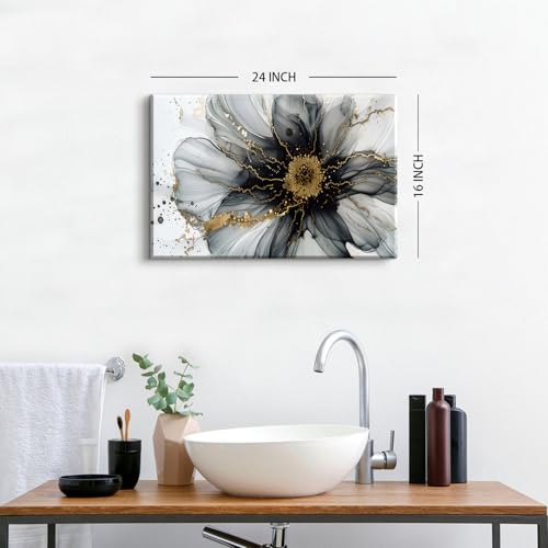 Image of Black and White Gold Abstract Wall Art Modern Wall Decor Marble Flower Fluid Picture Canvas Prints for Bathroom Living Room Watercolor Minimalist Abstracted Painting Artwork Home Decoration 16x24 inch