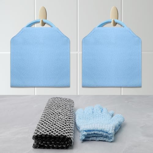 Fourindo 5 PCS Exfoliating & Bathing Set, Long Back Scrubber Towel, Bath Wash Gloves for Men and Women, Deep Cleansing Body Scrubber to Remove Dead Skin (Blue and Black)