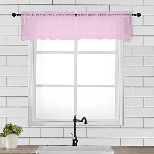 Image of OVZME Light Pink Sheer Window Valance Curtains, Light Filtering Kitchen Valances Windows Treatment, Small Voile Sheer Curtains for Living Room /Bathroom /Basement, Top Dual Rod Pocket, 2PCS