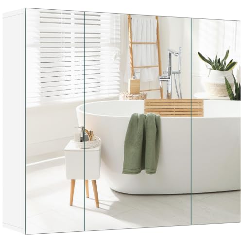 Yaheetech Spiegelschrank Badezimmerschrank mit 3 Spielgeltüren Aufbewahrungsschrank Wandschrank Medizinschrank Hängeschrank für Badezimmer 70,5 × 15 × 60,5 cm Weiß