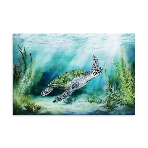 Arte minimalista de pared del océano, bonito paisaje de tortuga marina verde y algas, diseño de vida marina suave, póster de pinturas colgantes para baño cálido y acogedor estilo de pared de guardería