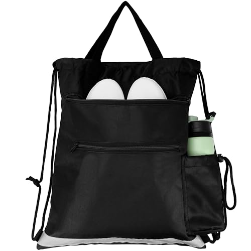 BELLE VOUS Mochila de Cuerdas Negra - Bolsa Pequeña Ligera de Deporte con Cremallera - Petate Deportivo de Tela para Hombre o Mujer - para Gimnasio Playa Yoga o Festival