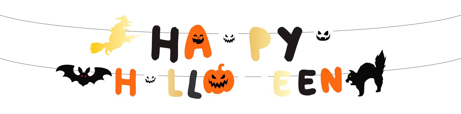 Folat 23862 23862-Happy Booo Decoration Letter Garland Happy Figures Ghost, Pumpkin, Cat, Witch, Bat, Black, Orange, Gold for Halloween Party Decoration, Children, Multicoloured