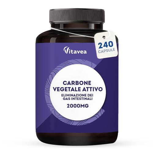 CARBONE VEGETALE ATTIVO - 240 capsule - 2000 mg - Pancia Piatta - Elimina il Gonfiore - Contro Flatulenza e Meteorismo - Derivato da Noce di Cocco - Naturale - Vitavea