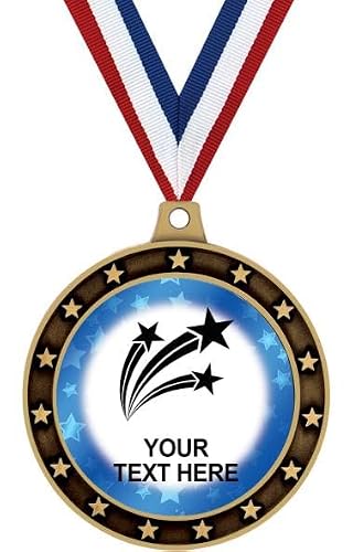 Three Stars Custom Text Medals 10 Pack – Stars Blue Star Personalized Value Pack of 10 Gold Medal Awards