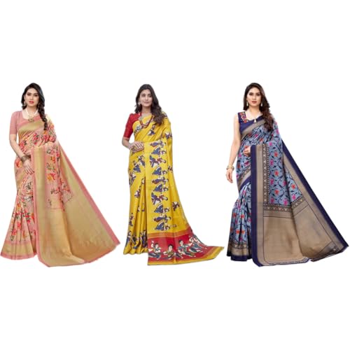 Image of Yashika Women's Sarees Women's Combo Art Silk Printed Saree With Unstitched Blouse Piece |saree for Women | saree combo | New Sari | Saree Pack Of 3