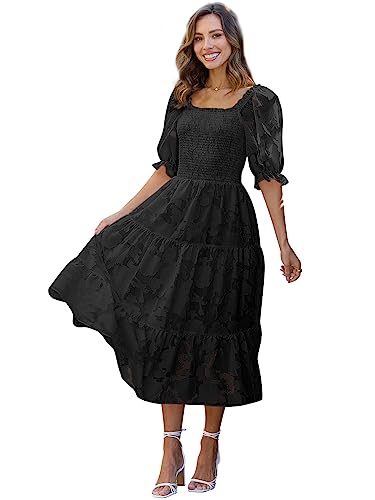 Lillusory Women's Floral Lace Square Neck Midi Dresses Flowy Puffy Sleeves A Line Dress Black M #TOP26
