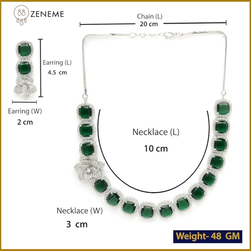 Image of ZENEME Jewellery Set Classic Style Rhodium Plated AD /American Diamond Studded Silver Plated Bejeweled Rose Necklace Jewellery Set for Women & Girls