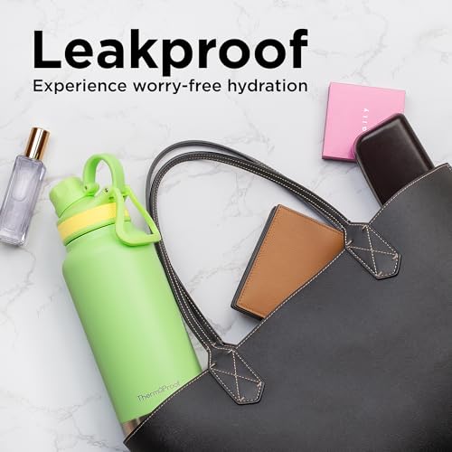 Image of ThermoProof Double-Walled Vacuum Insulated Stainless Steel Water Bottle - Wide Mouth Canteen, Spout & Straw Lids, Dishwasher Safe, Reusable, Leakproof, Hot & Cold for Men, Women - 32oz, Fresh Mint