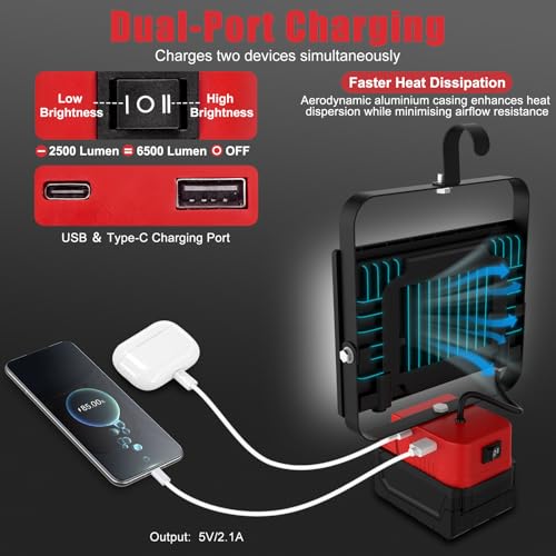 Foco LED de 18 V con reflector giratorio de 6500 lm y puerto de carga USB-C 5