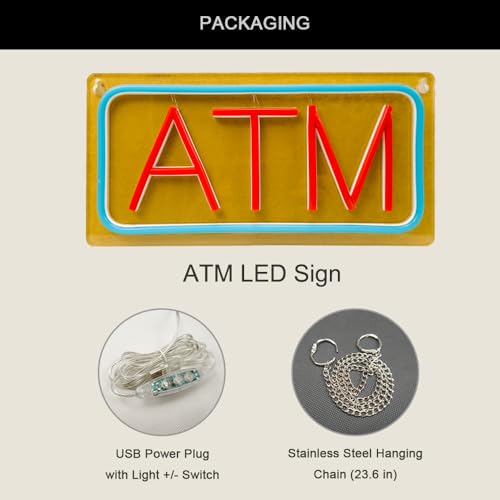 Image of ATM Neon Sign, Small Size, 12 inchx6 inch, USB Powered, 9 Levels of Brightness, Suitable for Bank Supermarket Convenience, Easy to Install on Store Wall Window as Room Decoration (Red, Transparent Acrylic)