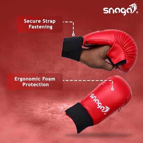 Image of Snaga Moulded Karate Gloves, Punching Bag Glove for Training, Foam Padding, Elastic Hook & Loop Wrap Around Strap, Gloves for Better Protection, Performace and Comfort. (Red, M) (10-13 Years Old)