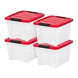IRIS USA 19 Qt. Stackable Plastic Storage Bins with Lids, 4 Pack - BPA-Free, See-Through Organizing Solution, Latches, Durable Nestable Containers, Secure Pull Handle, Made in USA - Red