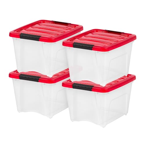 IRIS USA 19 Qt. Stackable Plastic Storage Bins with Lids, 4 Pack - BPA-Free, See-Through Organizing Solution, Latches, Durable Nestable Containers, Secure Pull Handle, Made in USA - Red