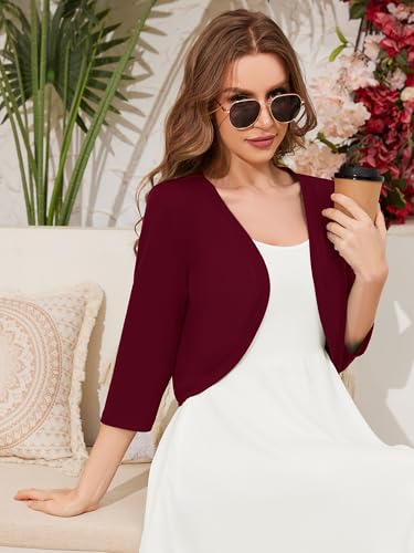 Image of Women's 3 /4 Sleeve Open Front Cardigan V-Neck Knit Cropped Bolero Shrug Sweater for Women