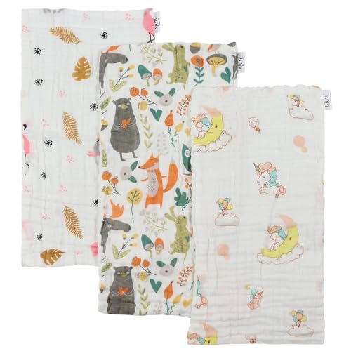 Image of Kjuti Gentle Muslin Baby Burp Cloths – Soft 100% Organic Cotton, 6-Layer Highly Absorbent, Hypoallergenic, 20x10, 3-Pack, Eco-Conscious – for Joyful Jungle Burping (Animal Parade)