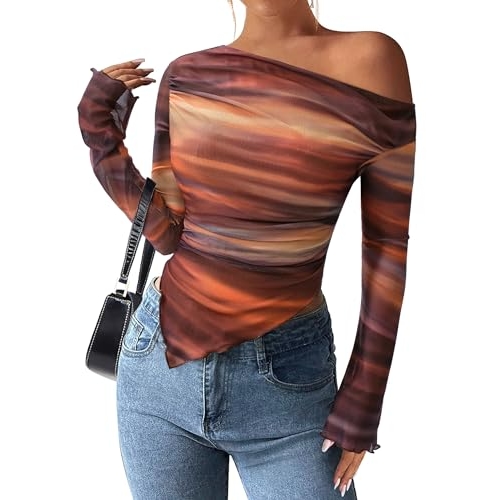 PRETTYGARDEN Womens Fall Trendy Off Shoulder Y2k Tops 2026 Tie Dye Mesh Long Sleeve Shirts...