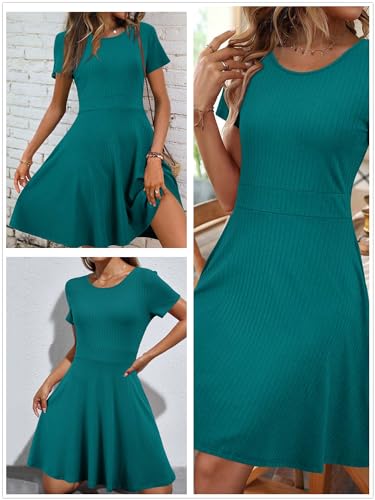Image of Newshows Womens 2025 Summer Dresses Short Sleeve Ribbed Knit A-Line Swing Beach Vacation Outfits Casual Sundress with Pockets