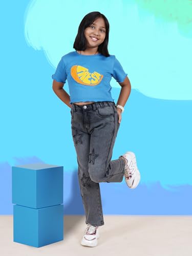 Image of KiddoPanti Girls Full Length Frayed Star Patch Washed Denim Jeans with Elasticated Waistband