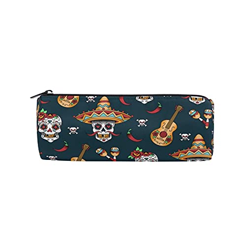 Mexico Sugar Skull Music Guitar Pencil Case Pen Bag Holder Pouch, Pencil Bag with Zipper Stationery 