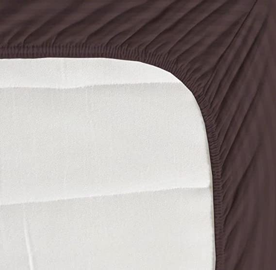 Image of DECOR2ADMIRE 300 TC Premium Glace Cotton All Round Elastic Fitted Plain Stripe Pastel Shades Queen Size Bedsheet with 2 Pillow Covers (Brown, Super King 108 inch x 108 inch)