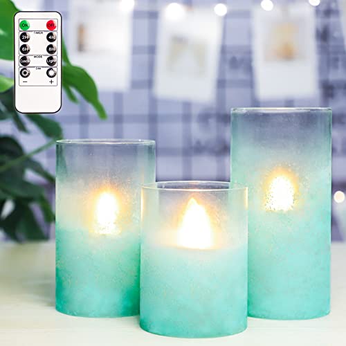 FLAVCHARM Green Flameless Candles with Remote Aqua Glass Handmade Sandblast Battery Operated Candles Flickering Decorative LED Pillar Candles for Home Bathroom Coastal Theme Wedding Decorations