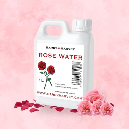 Harry Harvey Agua de rosas de 1 litro (1000 ml), adecuada para cara, cabello y piel, tóner de agua de rosas y comestible para cocinar, bebidas y cuidado de la piel a granel