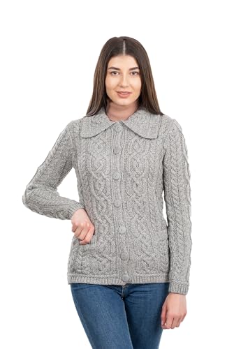 SAOL Irish Cardigan Sweater for Women 100% Merino Wool Aran Celtic Knit Ladies Coat with Pockets