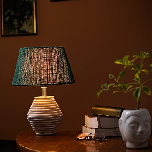 Image of PineCraft International Atury Table Lamp with Shade Night Lamp for Living Room, Study Room, Bedroom & Home Decor Gift Item 14 inch Height Wooden Study Lamp with Dark Green Shade