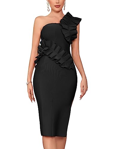 Image of houstil Women's One Shoulder Wedding Guest Dress Side Split Bandage Bodycon Midi Cocktail Club Dresses