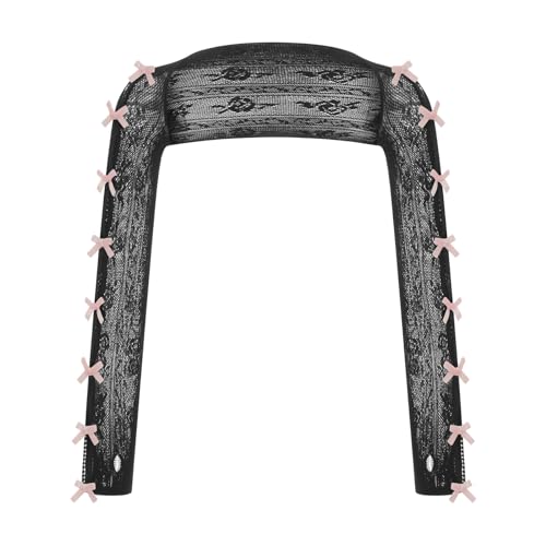 Image of Women Kawaii Lace Bolero Y2K Sheer Mesh Shrug Lolita Bowtie Fishnet Shawl Cute Sweet Arm Sleeves Y2K Accessories