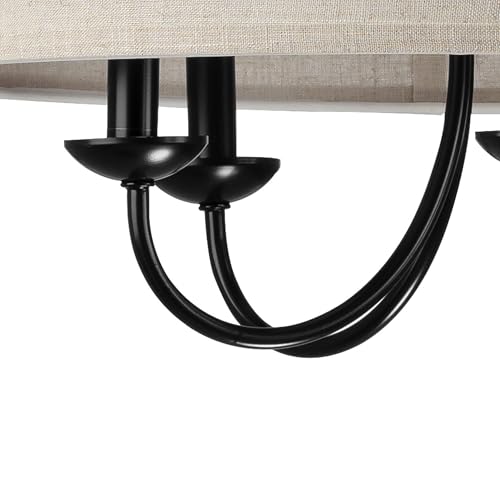Image of Progress Lighting Drum Shade Collection Five-Light Chandelier, Farmhouse Style Hanging Ceiling Light Fixture for Dining Rooms, Foyers, Harvest Linen Shade, Matte Black