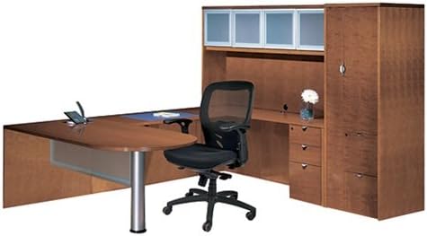 Jade Executive 72" Bullet Desk (with Metal Leg & Glass Panel), 48" Bridge, 72" Credenza, Box/Box/File Ped, 72" Hutch with Glass Doors & Wardrobe - Left Variation JA-178L