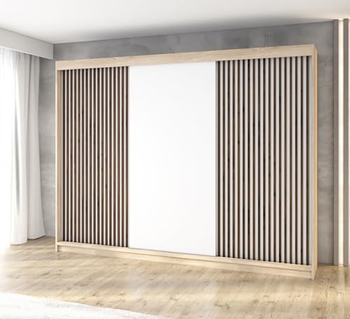 A&J MöbelLand Schwebetürenschrank IOSA Kleiderschrank 3-türig mit 4 Schubladen & 3D Lamellen Garderobe 200 cm (Sonoma/Weiß/Weiß/Weiß)